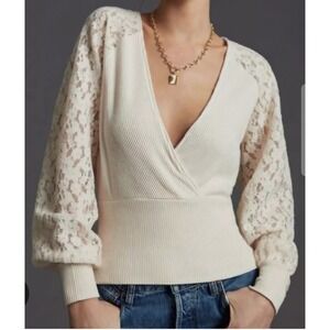 Anthropologie Lace Sleeve Faux Wrap Top Size Medium Cream Longsleeve Ribbed Knit